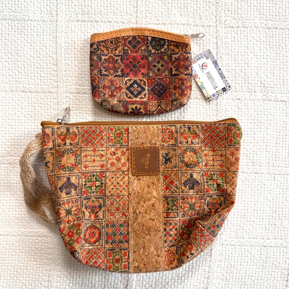 Portugal Cork Tile Print Wristlet Pouch Coin Purse Set NWT Boho Eco Friendly